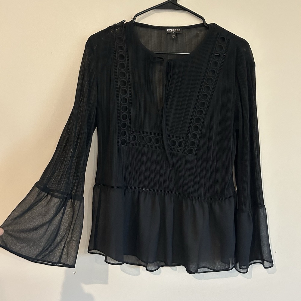 Express Black Blouse Sz S Whimsigoth Dark Romantic Flare Bell Sleeve Sheer